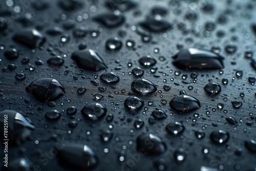Stunning macro photography showcasing water droplets on a black surface creating a dramatic contrast