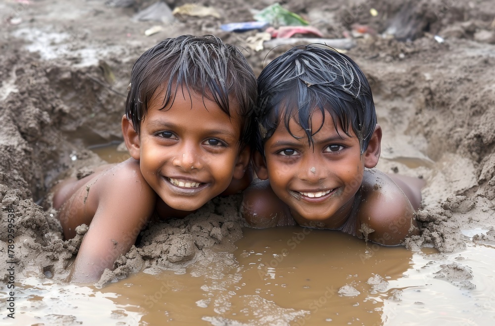 Two joyous young boys smiling while immersed in a muddy water pool, epitomizing carefree play