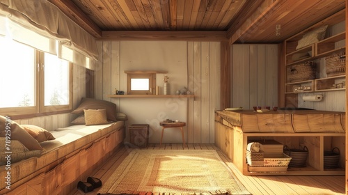 Simple minimal Nomadic style interior, 3d render