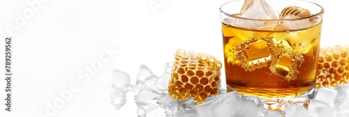 mead day background concept, glass of mead with ice cube and honeycomb. isolated on white background