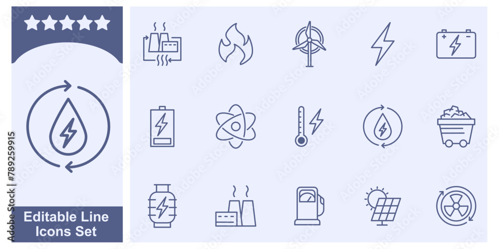 Energy, energy resources, type of energy and power icon set elements symbol template for graphic and web design collection logo vector illustration