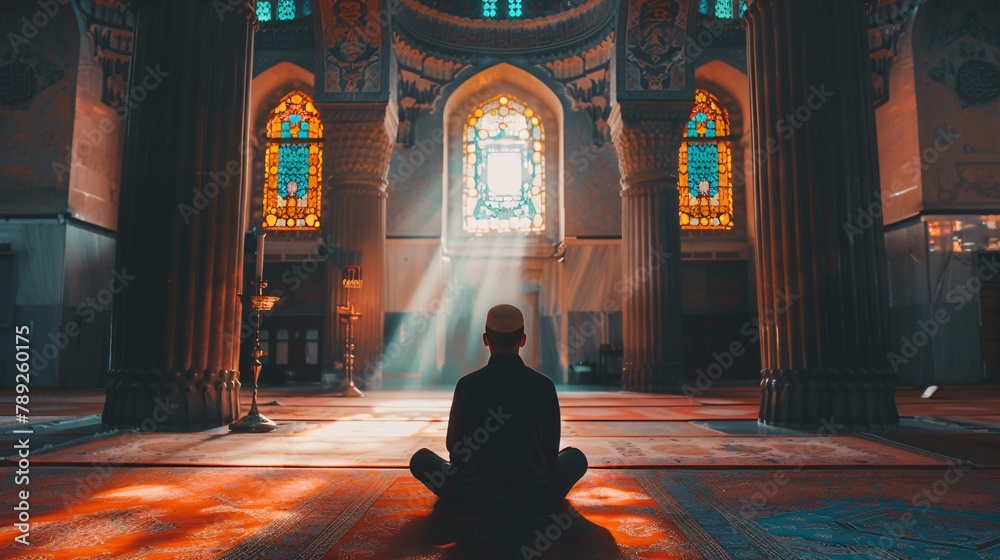 Muslim man praying inside the mosque. Ramadan Kareem concept. Islam religion. Muslim man praying inside the mosque. Ramadan Kareem concept. Islam religion.