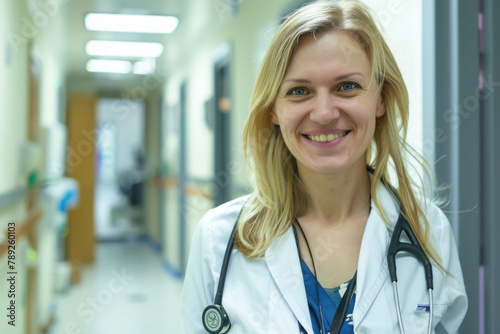 Smiling blonde female doctor medical worker wearing white coat with stethoscope in a hospital.