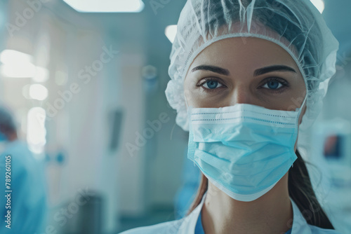 Female doctor or nurse wearing a medical mask and cap in a hospital.