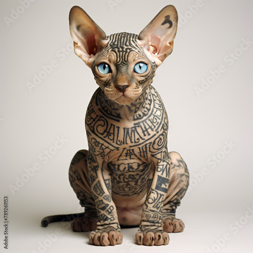 adorable sphynx cat baby with large glossy blue eyes and calligraphy tattoos сreated with Generative Ai