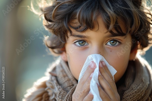 Close-up of a young boy with curly hair using a white tissue to blow his nose outdoors