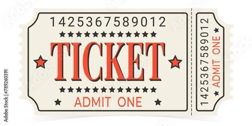 Admit one retro ticket to cinema, concert, museum, exhibition isolated on white background, vector.