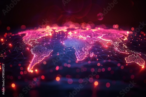 A digital visualization of the world map showcasing global network connections, representing interconnectivity and data communication photo