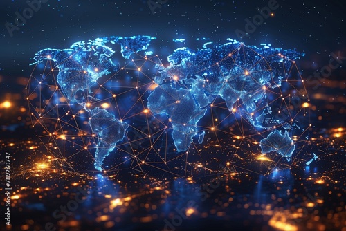 An intricate blue digital map of the world illustrating the concept of global connectivity and international networks