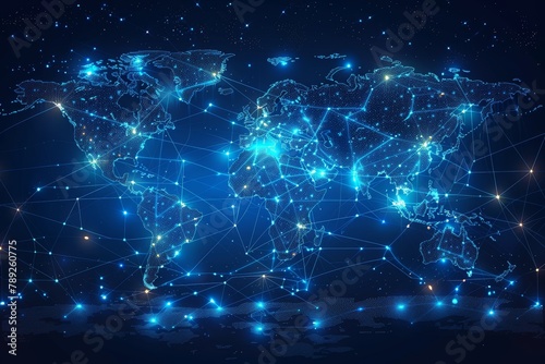 This image depicts a glowing blue world map against the backdrop of a star-filled sky, symbolizing global connectivity