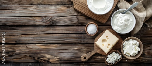 Dairy items displayed on a wooden surface include sour cream, milk, cheese, yogurt, and butter, captured from above with space for text.