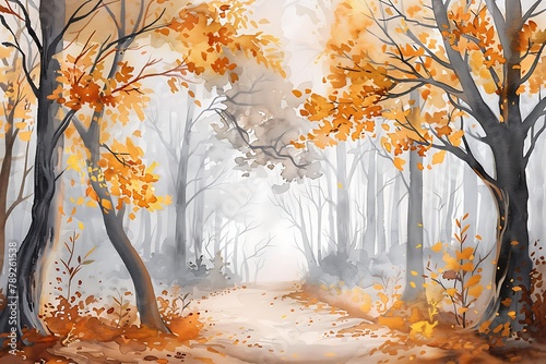   A misty autumn forest with golden leaves and a gentle fog  inked with soft  ethereal lines