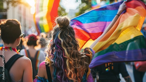 People take part in the gay pride parade with a lgbt flag © Ajay