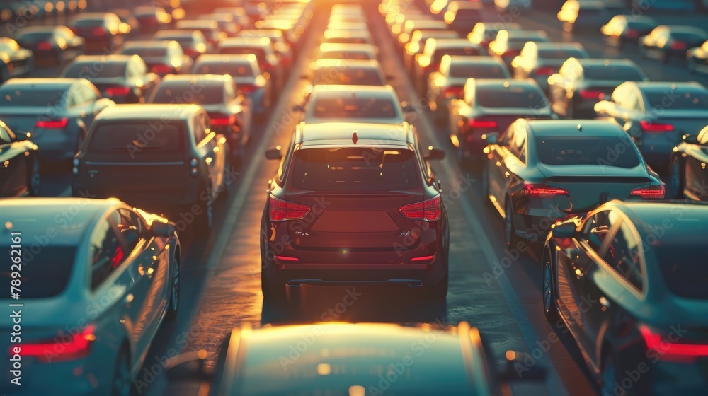 Obraz premium Car parked at outdoor parking lot. Used car for sale and rental service. Car insurance background. Automobile parking area. Car dealership and dealer agent concept. Automotive industry. Generative Ai