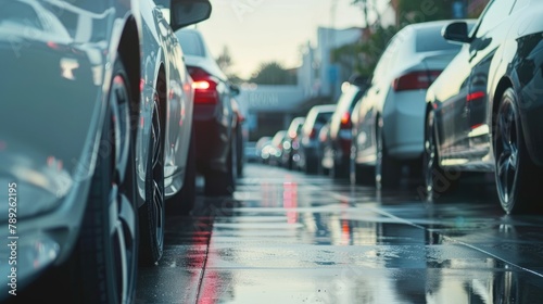 Car parked at outdoor parking lot. Used car for sale and rental service. Car insurance background. Automobile parking area. Car dealership and dealer agent concept. Automotive industry. Generative Ai