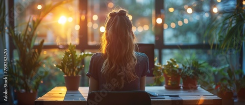 A woman engrossed in her work on a computer during the charming twilight hour