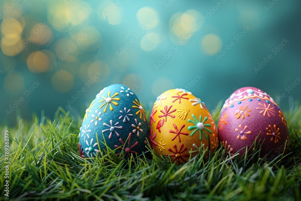A captivating image that features a selection of Easter eggs with elaborate floral patterns resting on lush green grass against a sparkling bokeh backdrop