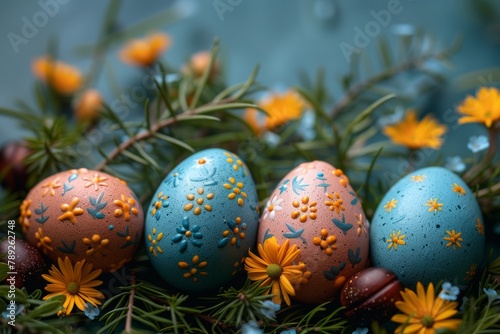 Vibrant and finely detailed, this image showcases hand-painted Easter eggs adorned with floral and fauna motifs nestled amongst green pine branches