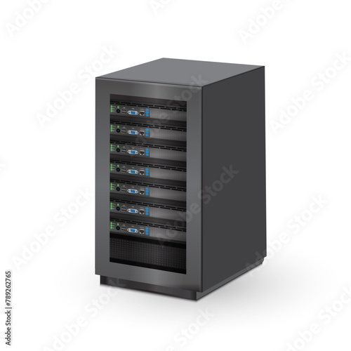 Server rack stand opened and closed, over white background. 3D Vector Illustrator.