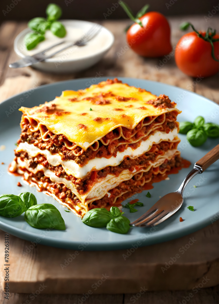 Layered pasta lasagna on dinner plate with silver fork, topping with melted cheese hot red tomato sauce, herbs and leaf Layered pasta lasagna on dinner plate with silver fork, topping with melted cheese hot red tomato sauce, herbs and leaf