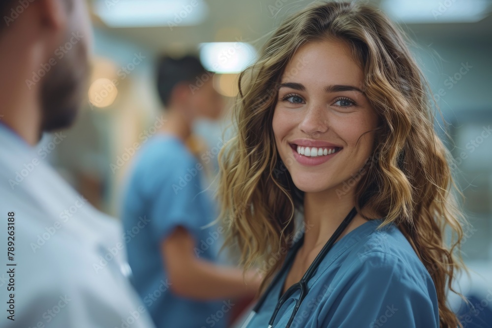 Radiant young female nurse with a beaming smile in hospital Radiant young female nurse with a beaming smile in hospital