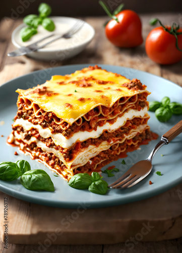 Layered pasta lasagna on dinner plate with silver fork, topping with melted cheese hot red tomato sauce, herbs and leaf