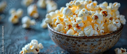 Delicious popcorn in a ceramic bowl on a dark rustic wooden background, perfect for movie nights at home photo