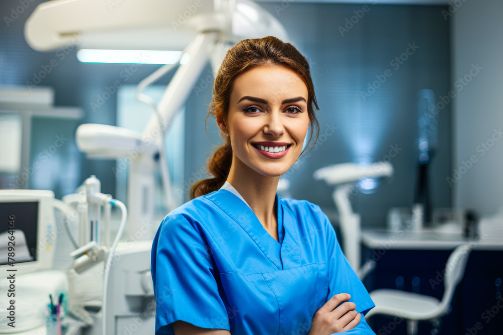 Female dentist with a radiant smile standing in a well-equipped dental office, representing professionalism Female dentist with a radiant smile standing in a well-equipped dental office, representing professionalism