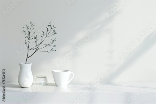 A minimalist white scene with a delicate branch in a vase and a cup alongside a small milk container