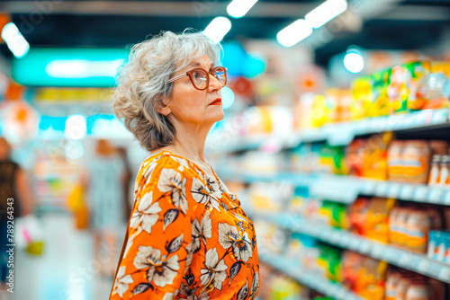 A senior woman in a bright floral dress looks thoughtfully at grocery items in a supermarket aisle, considering her choices