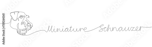 Miniature Schnauzer, Zwergschnauzer, dog breed, companion dog, service dog one line art. Continuous line drawing of friend, doggy, friendship, care, canine with inscription, lettering, handwritten.