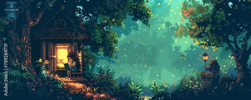 Serene pixel art of a girl reading a book by a glowing lamp in a quaint tree house, surrounded by forest creatures photo