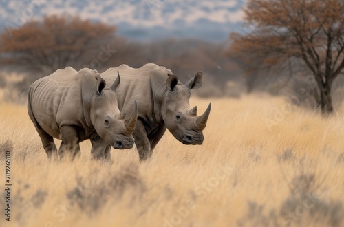 Two rhinoceroses grace the image as they roam across the grassland with trees in the background, in what looks like a tranquil nature scene photo