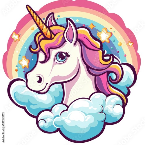 T-shirt design vector style clipart a unicorn peeking out of colorful clouds  isolated on white background