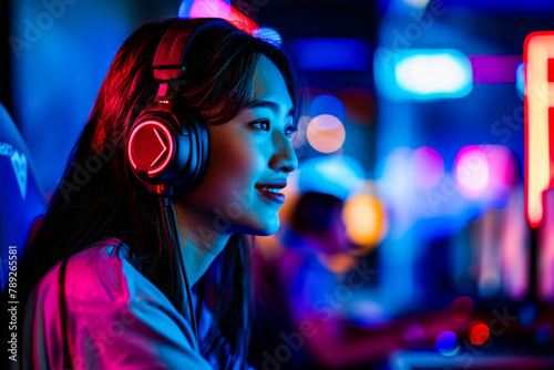 A female gamer's intense focus during a crucial gaming moment is dramatically highlighted with neon colors photo