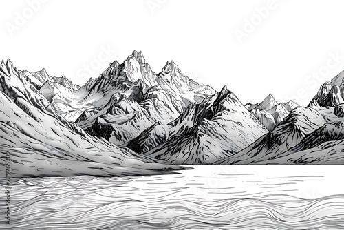 : A majestic mountain landscape with snow-capped peaks and a crystal-clear lake, rendered in intricate ink lines