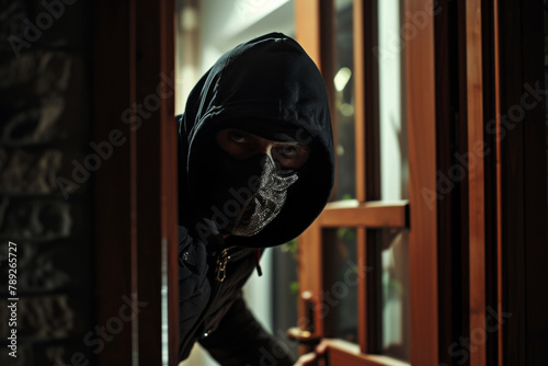 Ominous silhouette of a person breaking into a house at night, creating a sense of danger and violation of privacy