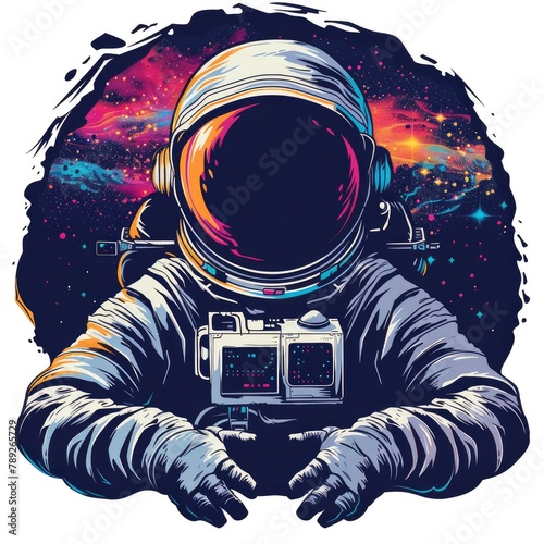 T-shirt design vector style clipart astronaut in a spacesuit close up on the background of space, isolated on white background 