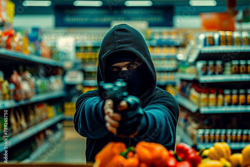 Tense moment as a hooded figure points a gun directly at the viewer in a grocery store setting, suggesting danger