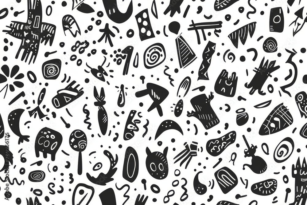 A playful and creative array of abstract doodle drawings in black on a white background depicting various shapes and forms