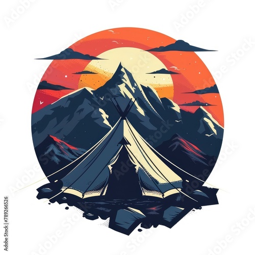 T-shirt design vector style clipart tent on top of a mountain against the sunset background, isolated on white background photo