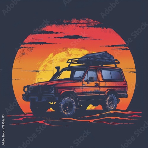 T-shirt design vector style clipart with SUV against the backdrop of a sunset with the outfit on the roof  photo