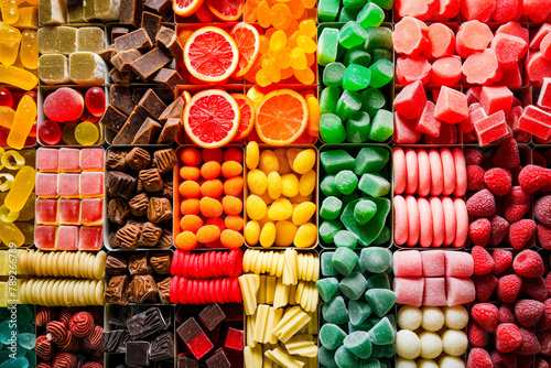 A detailed image showcasing a variety of colorful candies and chocolates, perfect for confectionery themes photo