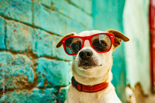 A cool dog wearing sunglasses poses in front of a vibrant blue wall showcasing urban street style © Tixel