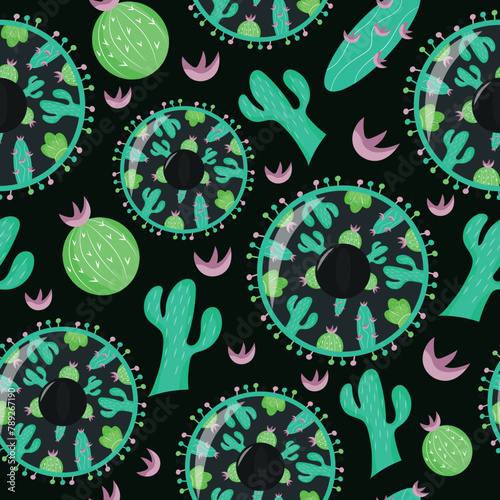 festive seamless pattern for Mexican Cinco de Mayo holiday, namely black sombrero decorated with different cacti on dark background, for poster, packaging or textile