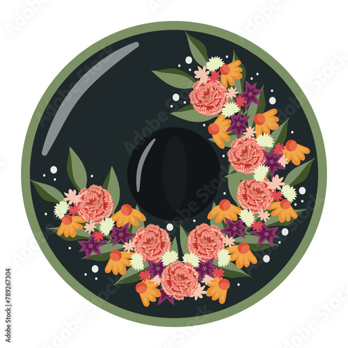design for the Mexican Cinco de Mayo holiday, namely a black sombrero decorated with various flowers and green leaves, for posters, packaging or textiles