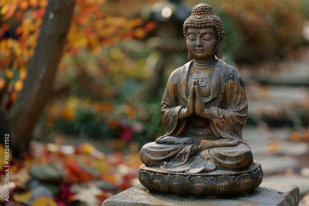 Buddha Statue Meditating in Autumn Garden with Colorful Foliage Background. Concept of Peace, Zen, and Spirituality