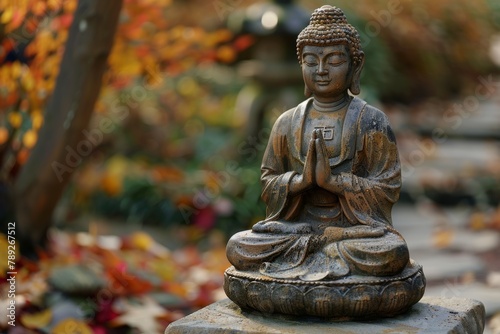 Buddha Statue Meditating in Autumn Garden with Colorful Foliage Background. Concept of Peace  Zen  and Spirituality