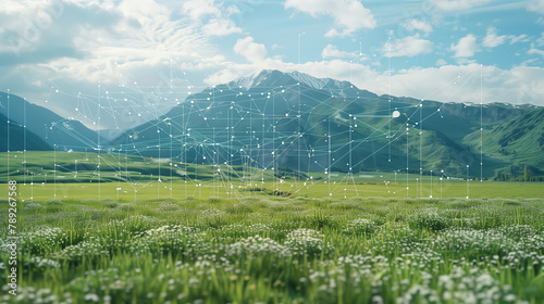 A field of grass with mountains in the background. The sky is blue and the grass is green