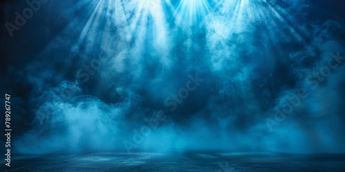 empty Dark stage room with smoke and spotlight, concert background.empty blue room with light and smoke, copy space
